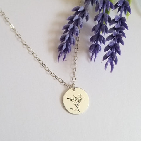 Dainty Lily Flower Disc Necklace, Sterling Silver or Gold
