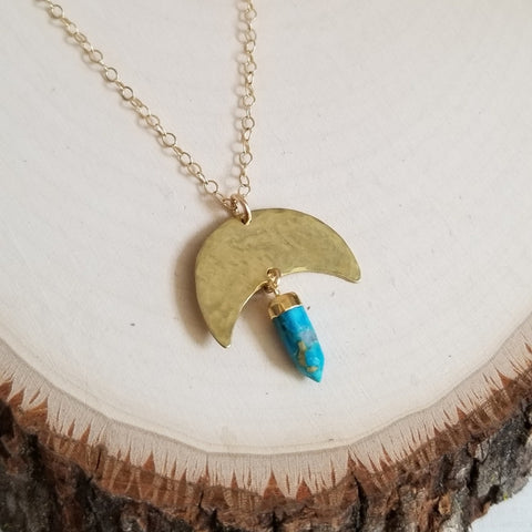 Turquoise Moon Pendant Necklace, Gold or Silver