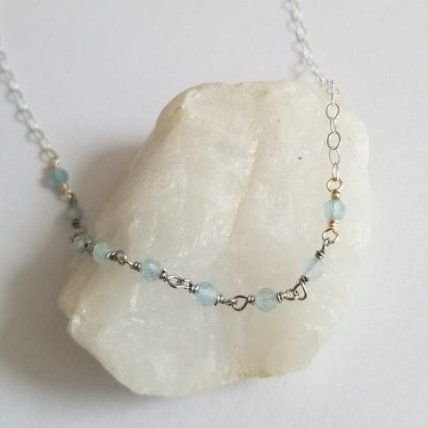 Sterling Silver Aquamarine Necklace, Dainty Beaded Necklace