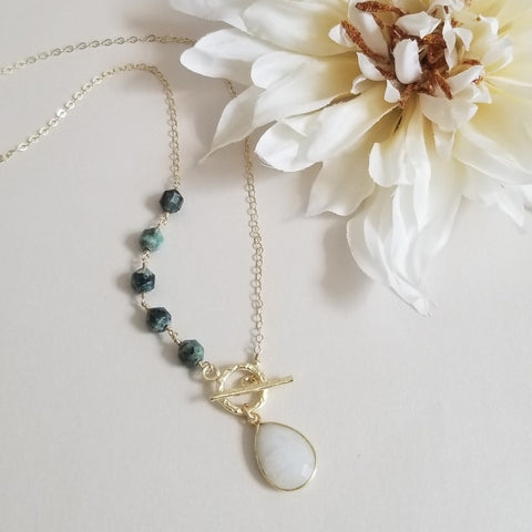 Unique Emerald and Moonstone Toggle Necklace, Gift for Her