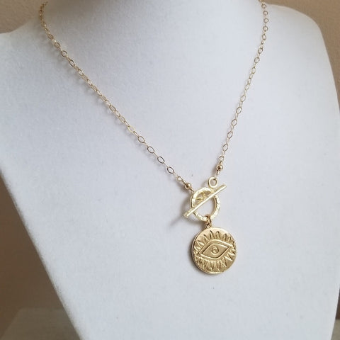 Gold Evil Eye Coin Necklace, Front Toggle Necklace