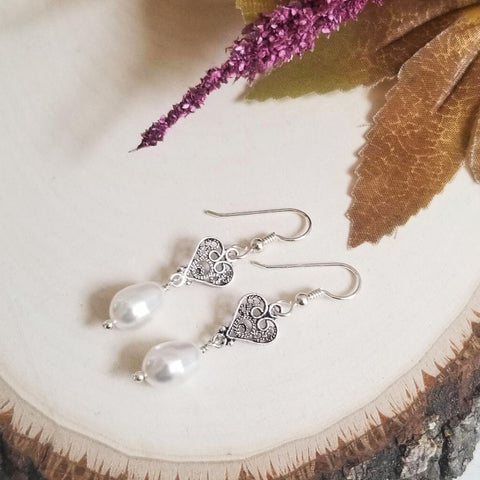 Sterling Silver Heart and Pearl Earrings, Gift for Mothers