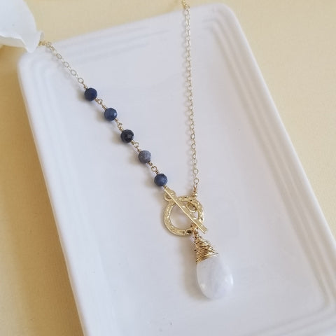 Sapphire and Moonstone Toggle Necklace, Boho Statement Necklace