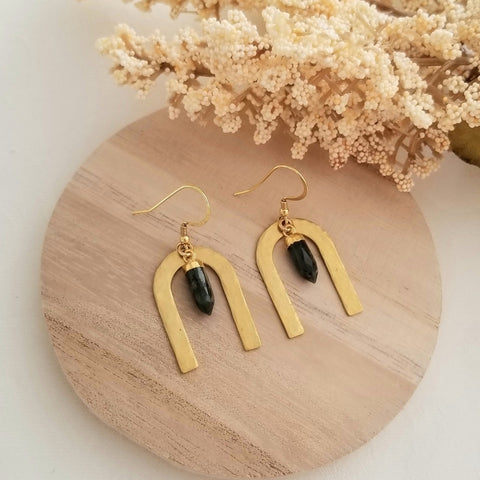 Bronze Arch Earrings with Emerald Spike Stones, Boho Arch Earrings for Women, Gift for Her