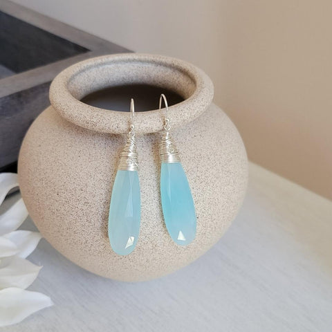 Natural Aqua Chalcedony Teardrop Earrings, Boho Stone Earrings, Wire Wrapped Gemstone Earrings,Statement Earrings