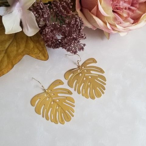 Tropical Leaf Earrings, Gold Statement Earrings, Gift for Plant Lover