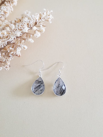 Unique Black Rutilated Quartz Teardrop Earrings