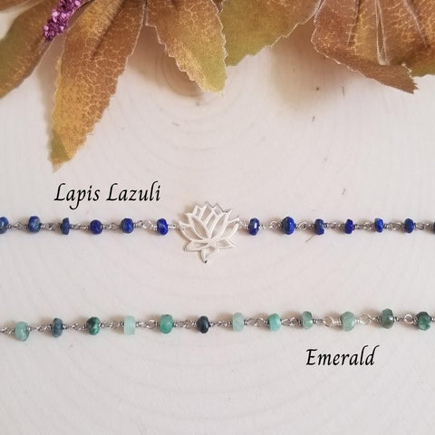Sterling Silver Lotus Flower Beaded Bracelet, Lapis Lazuli or Emerald