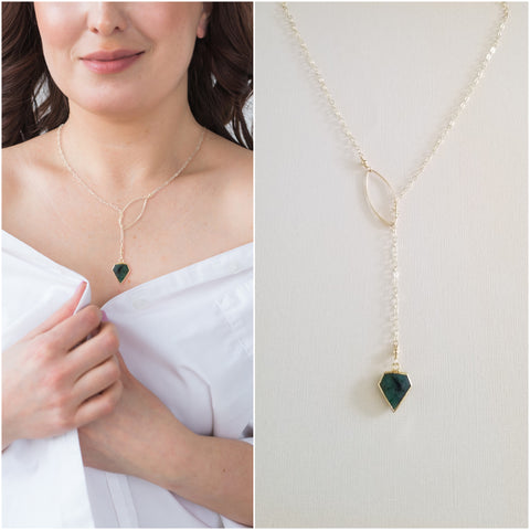 Raw Emerald Y Necklace, Gold Emerald Lariat