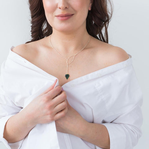 Raw Emerald Y Necklace, Gold Emerald Lariat