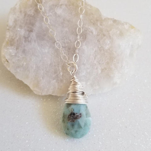Larimar Necklace, Wire Wrapped Larimar Pendant