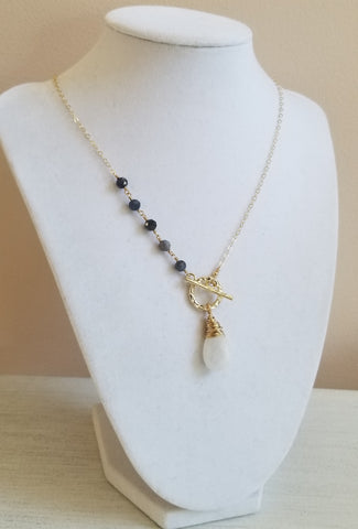 Raw Sapphires and Moonstone Necklace, Front Toggle Necklace, Boho Style Necklace