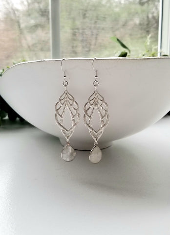 Bride Earrings, Long Moonstone Earrings, Crystal Dangle Earrings for Bride