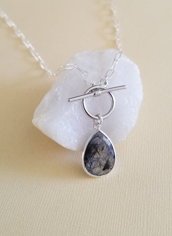 Black Rutilated Quartz Teardrop Necklace, Sterling Silver Paper Clip Chain with Toggle Clasp
