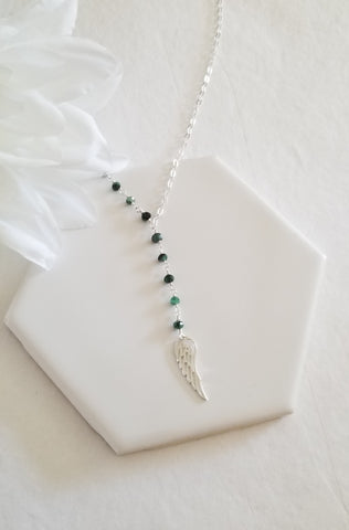 Emerald Y Necklace, Sterling Silver Angel Wing Center Drop Necklace