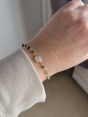 Emerald and Moonstone Bracelet, Dainty Beaded Gemstone Bracelet