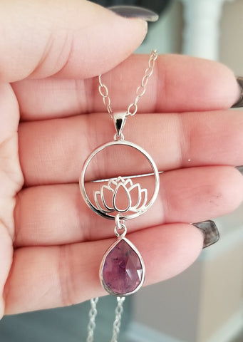 Lotus Flower and Amethyst Pendant Necklace