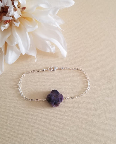 Dainty Natural Charoite Stone Bracelet, Sterling Silver or Gold Filled