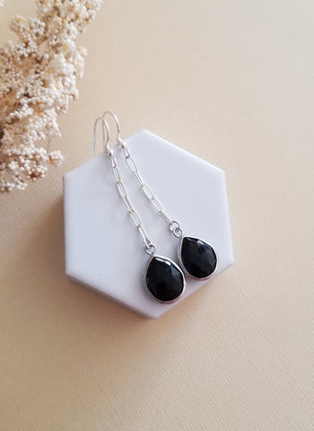 Long Sterling Silver Black Onyx Earrings