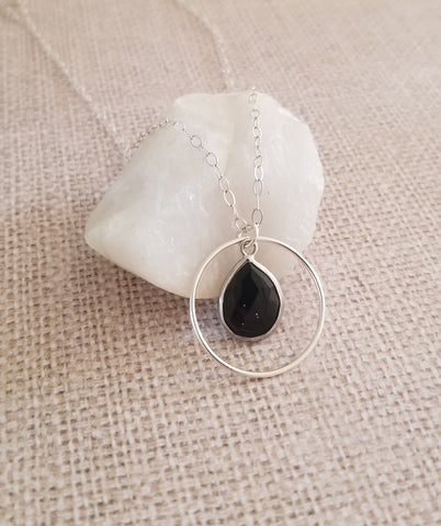 Black Onyx Pendant Necklace, Sterling Silver Black Stone Necklace