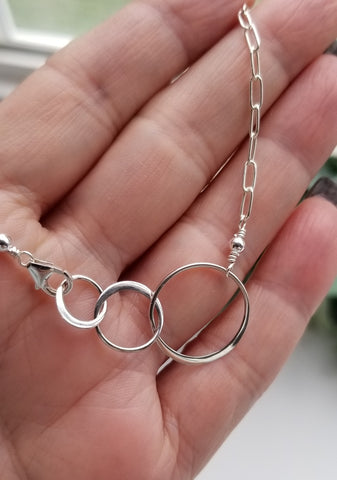 Modern Sterling Silver Three Circles Necklace, Paperclip Chain