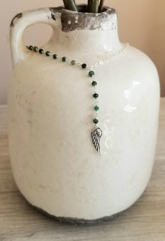 Raw Emerald Necklace, Angel Wing Lariat, Beaded Emerald Necklace, Long Center Drop Necklace, Sterling Silver 925 Y Necklace, May Birthstone