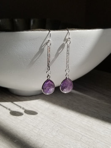 Sterling Silver Amethyst Earrings, Long Hammered Bar Earrings