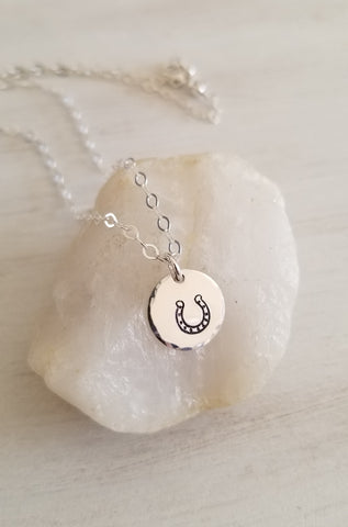Good Luck Horseshoe Charm Necklace, Dainty Disc Necklace