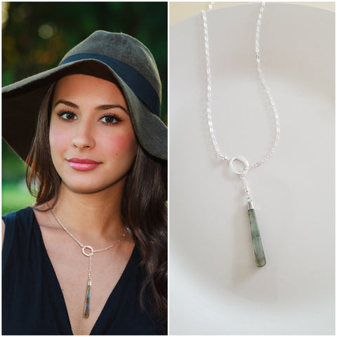 Modern Center Drop Labradorite Y Style Lariat Sterling Silver, Boho Style Necklace,