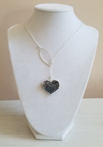 Sterling Silver Lariat Necklace, Druzy Heart Pendant 