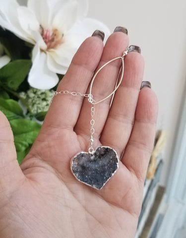 Druzy Heart Necklace, Crystal Y Necklace, Silver Lariat