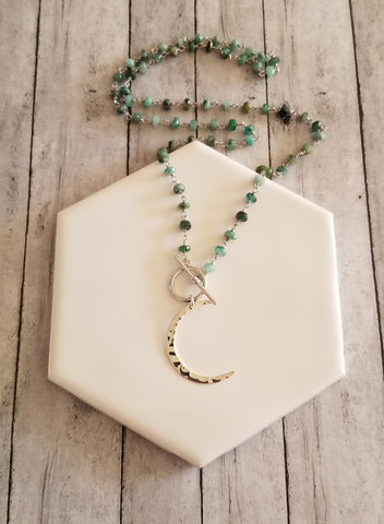Beaded Emerald Chain Necklace with Crescent Moon Pendant