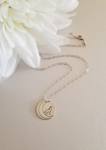 Wolf Necklace, Howling Wolf Pendant Necklace, Spirit Animal Necklace, Wolf Jewelry, Sterling Silver Medallion Necklace, Crescent Moon Charm