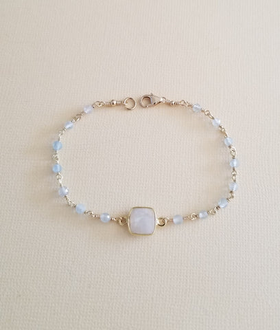 Dainty Aquamarine and Moonstone Bracelet, Boho Beaded Bracelet
