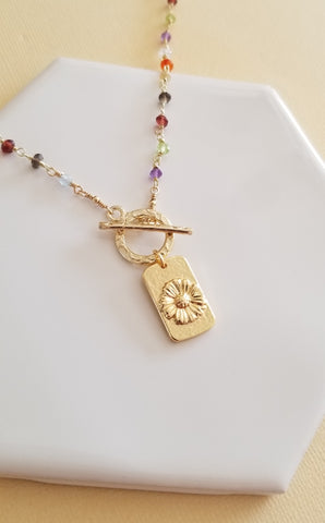 Gold Daisy Pendant Necklace for Women, Boho Wedding Necklace, Multi Stone Beaded Chain Necklace with Front Toggle