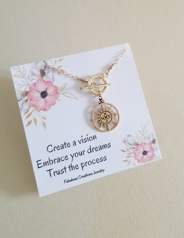 Compass Necklace, Gold Medallion Necklace, Front Toggle Necklace, Graduation Gift Idea, Compass Pendant Necklace, True North Necklace