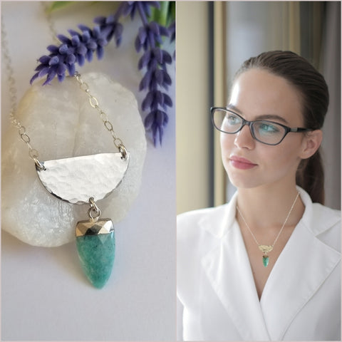 Hammered Half Moon Necklace, Amazonite Gemstone Necklace