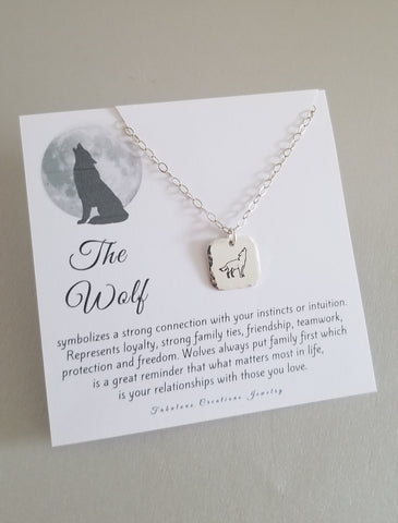 nty Wolf Charm Necklace, Square Pendant Necklace, Hand Stamped Jewelry, Animal Necklace, Spiritual Jewelry