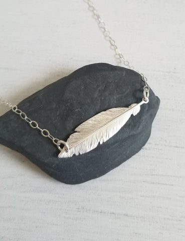 Dainty Sterling Silver Feather Necklace, Boho Layering Necklace