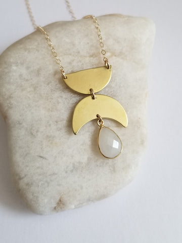 Gold Geometric Moonstone Pendant Necklace, Boho Style Statement Necklace