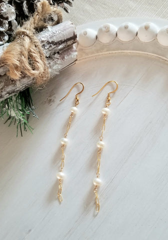 Pearl Earrings, Long Gold Earrings, Dainty Pearl Earrings for Women, Sterling Silver or Gold Dangle Earrings, Gift for Her, Wedding Earrings