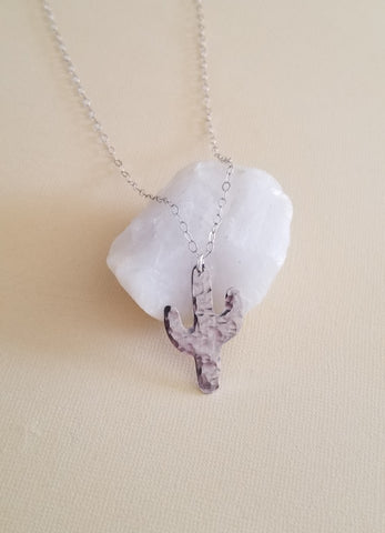 Silver Hammered Cactus Pendant Necklace, Cute Cactus Charm Necklace for women, Southwestern Style Jewelry