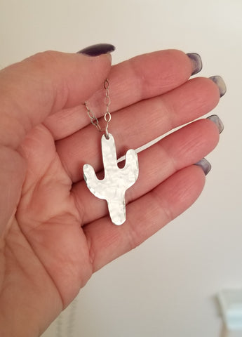 Silver Hammered Cactus Pendant Necklace, Southwestern Style Jewelry