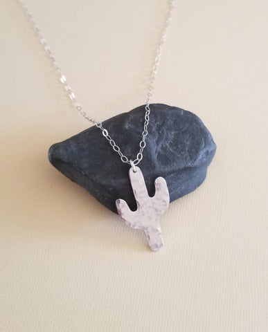 Silver Hammered Cactus Pendant Necklace, Southwestern Style Jewelry