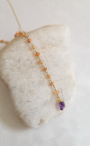 Beaded Y Necklace, Carnelian and Raw Amethyst Boho Necklace