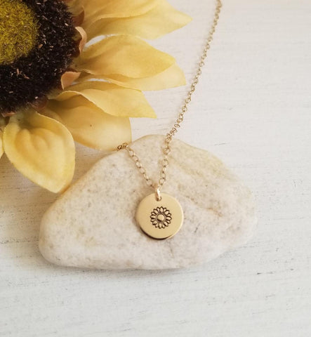 Dainty Gold Sunflower Necklace, Custom Stamped Disc Necklace