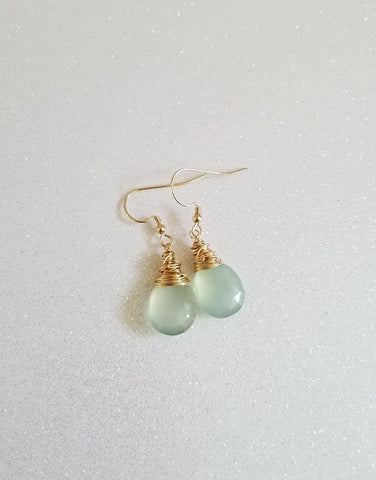 Aqua Chalcedony Earrings, Dainty Wire Wrapped Gemstone Earrings