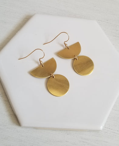 Raw Brass Half Moon Earrings, Gold Geometric Earrings