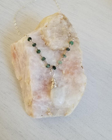 Beaded Emerald Stone Necklace with Teardrop Moonstone