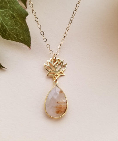 gold rutilated quartz, manifesting, yoga jewelry, lotus necklace, thin gold necklace